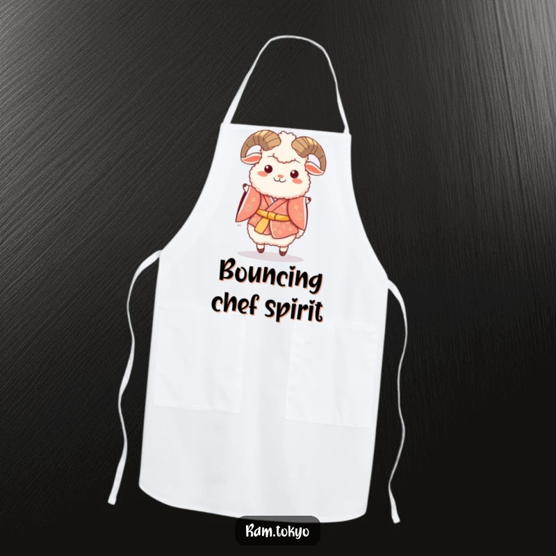 Funny apron showing a fluffy ram in a festive kimono, joyfully hopping while cooking with festive cheer.