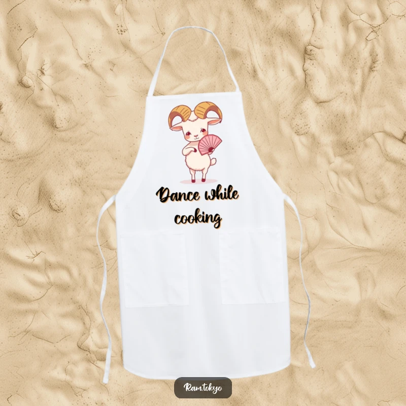 Funny Ram Fan Dance Apron: A small ram with tiny legs performing an elegant fan dance, perfect for a stylish cook.