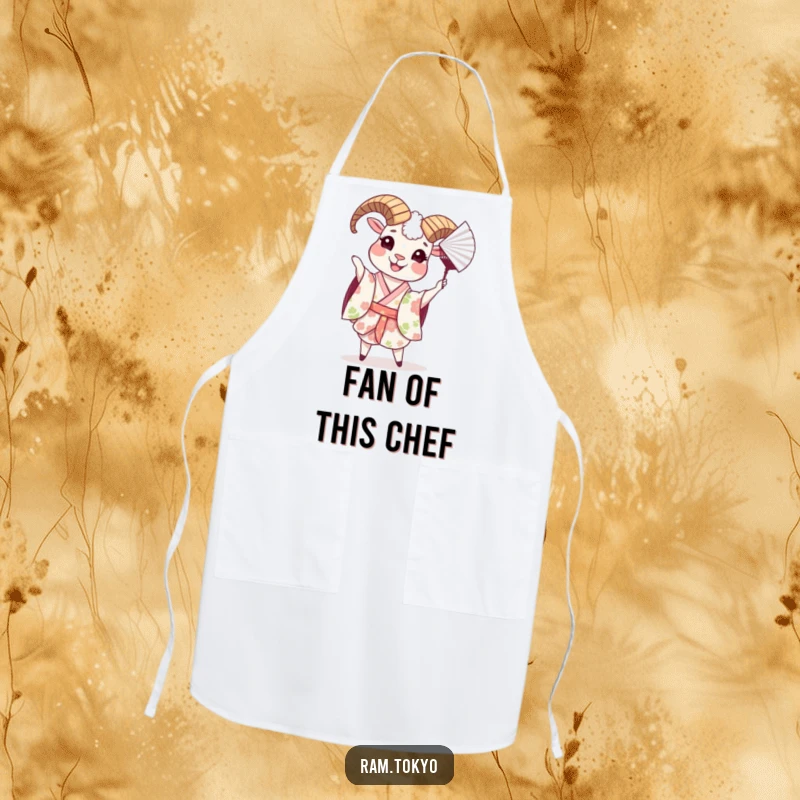 Funny apron showing a cheerful ram in a floral kimono, playfully tossing a paper fan while cooking with humor.