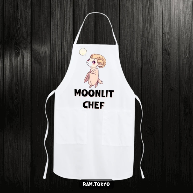 Funny Moon Gazing Ram Apron: Ram character in a flowing kimono looking up at the moon, designed for the serene chef.