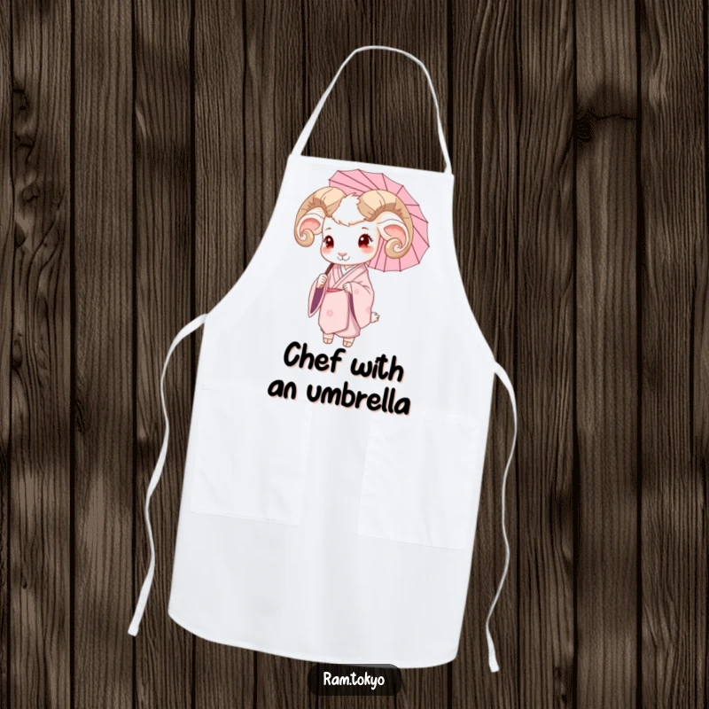 Funny apron featuring a serene ram in a silk kimono, holding a delicate umbrella, adding elegance to cooking.