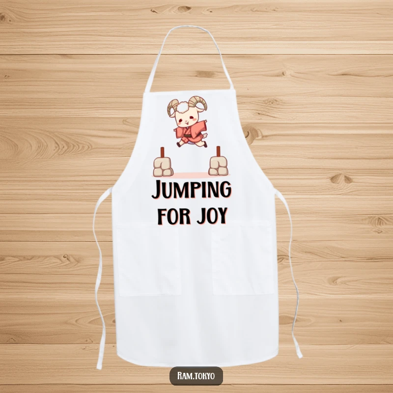 Funny Leaping Ram Kimono Apron showing a ram in a short kimono leaping over a barrier, ideal for a fun cooking experience.