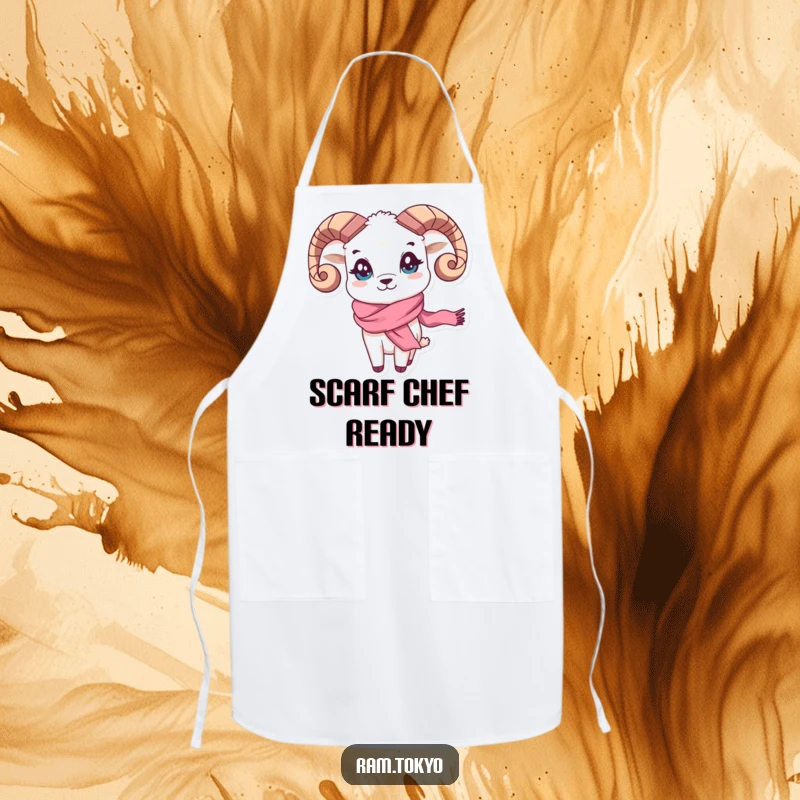 Funny Waving Scarf Ram Apron: Ram character with playful eyes and a flowing silk scarf waving, designed for the stylish cook.