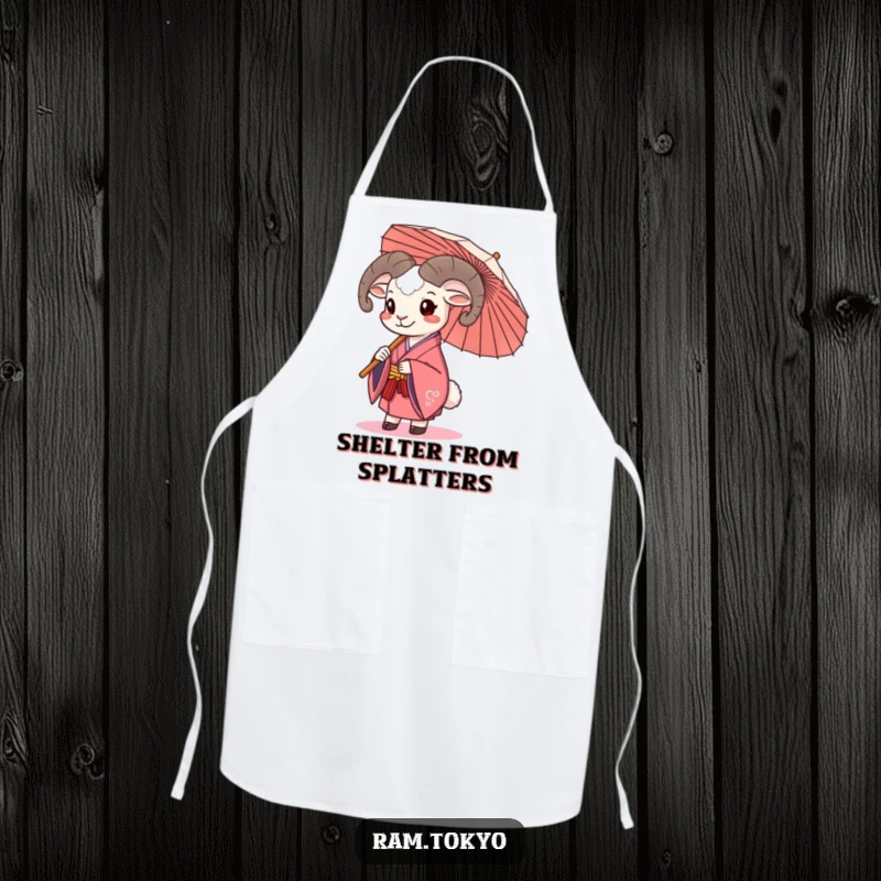 Funny Kimono Ram Umbrella Apron showing a happy ram in a kimono holding a traditional umbrella, ideal for a cheerful cooking experience.