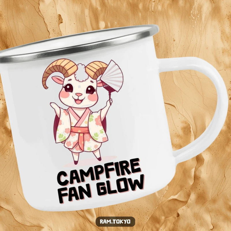 Funny camping mug featuring a cheerful ram in a floral kimono, playfully tossing a paper fan, ready for the outdoors.