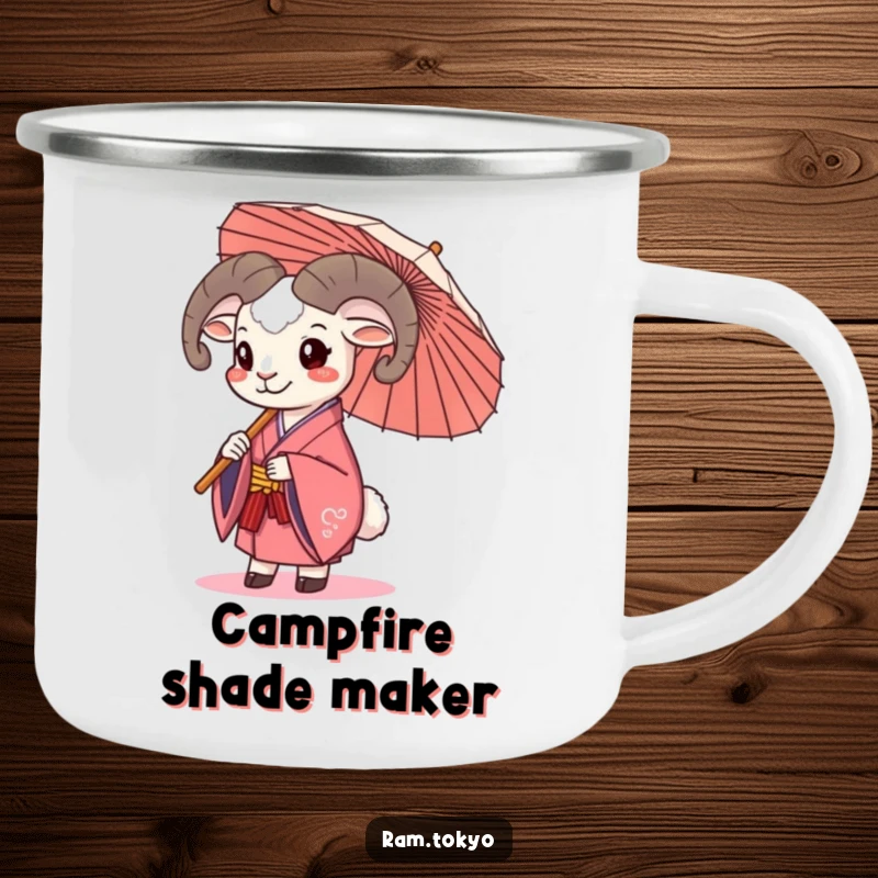 Funny Ram Umbrella Camping Mug showing a happy ram in a kimono holding a traditional umbrella, perfect for cheerful outdoor humor.