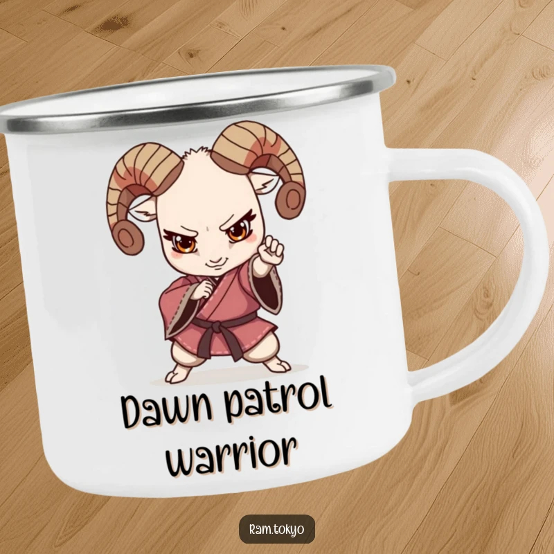 Funny Martial Arts Ram Kimono Camping Mug showing a ram in a fighting pose, wearing a kimono, ideal for outdoor humor.