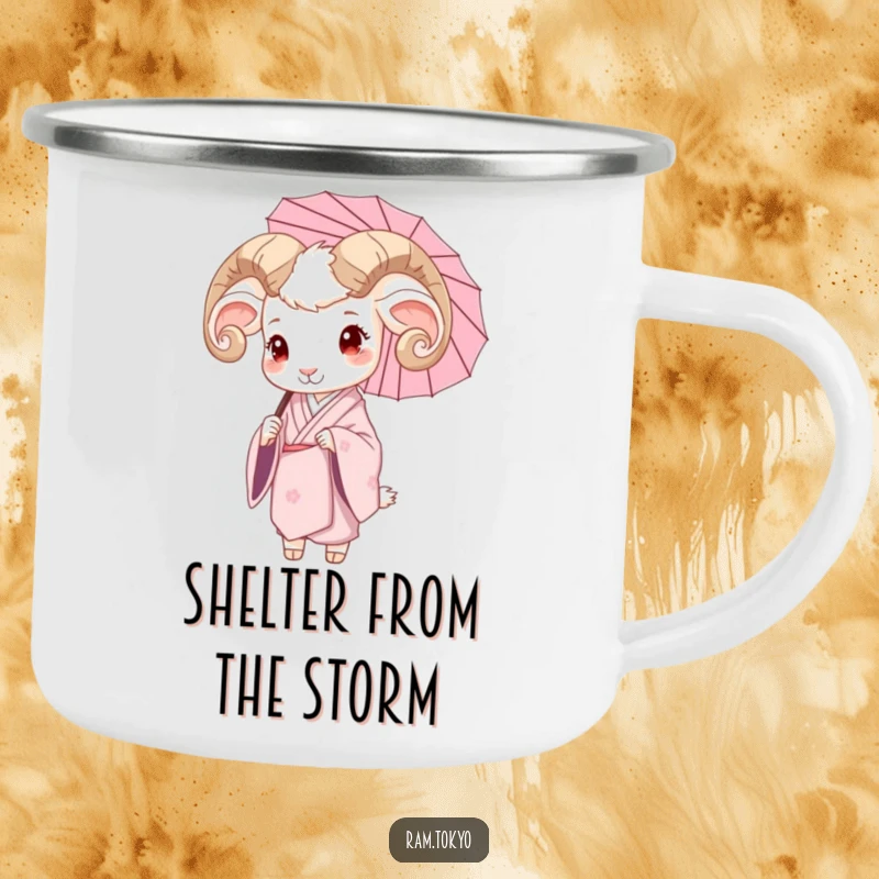 Funny camping mug with a serene ram in a silk kimono, holding a delicate umbrella, for peaceful outdoor moments.