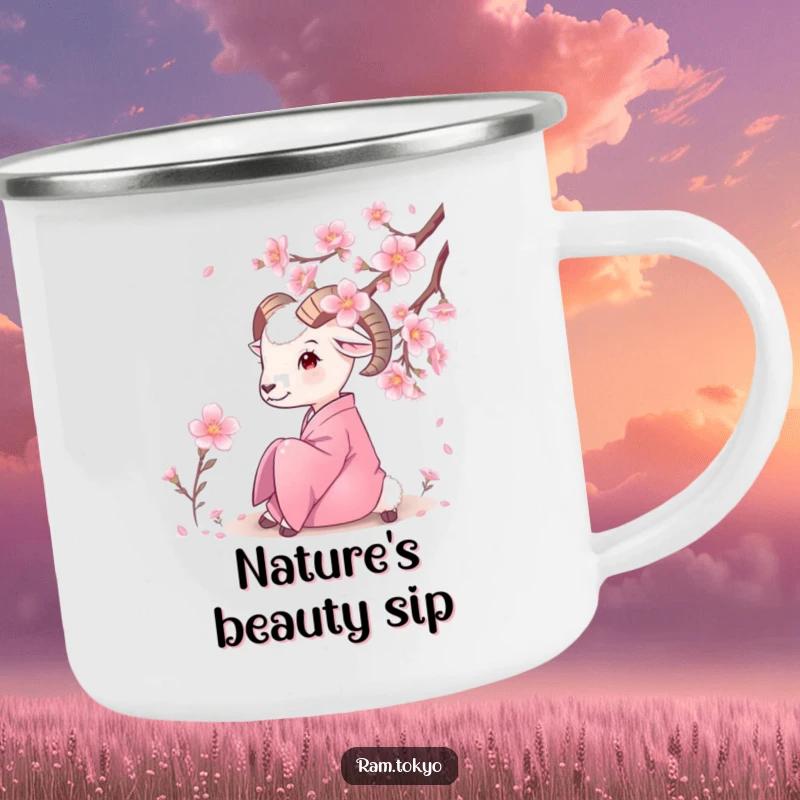 Funny Ram Kimono Camping Mug showing a ram in a silk kimono admiring cherry blossoms, perfect for serene outdoor humor.