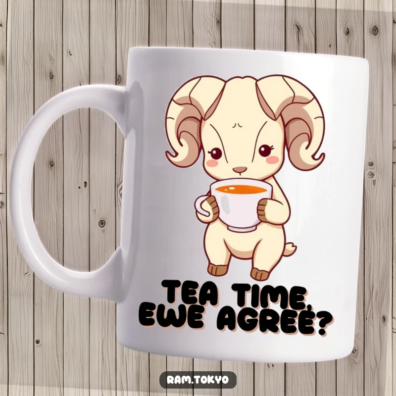 Funny Bowing Ram Tea Mug: Ram character with simple dot eyes politely bowing while holding a delicate tea cup.