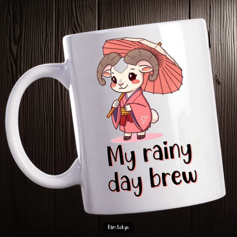 Funny Happy Ram Umbrella Mug showing a ram in a kimono happily holding a traditional umbrella, ready for any weather.