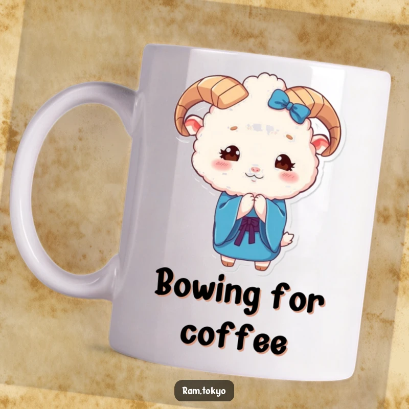 Funny Ram Kimono Mug featuring a cute, fluffy ram in a blue kimono bowing gracefully with charming eyes.