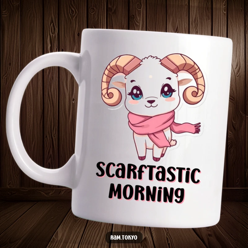 Funny Waving Scarf Ram Mug: Ram character with playful eyes and a beautiful silk scarf is energetically waving hello.