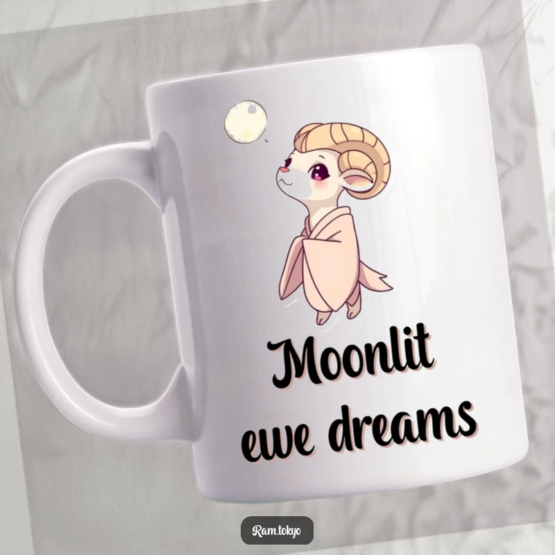 Funny Moon Gazing Ram Mug: Ram character in a flowing kimono looking up at a serene moon, evoking peace and wonder.