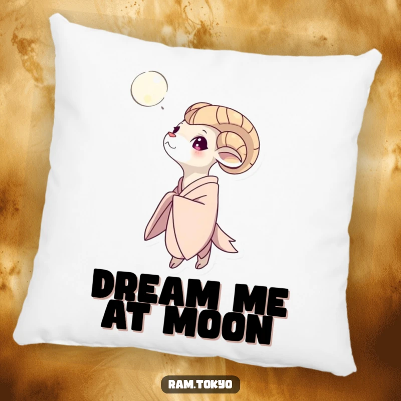Funny Moon Gazing Ram Pillow: Soft decorative cushion featuring a ram in a flowing kimono gazing at the moonlit night sky.