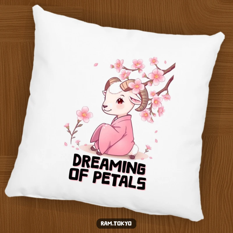 Funny Ram Kimono Pillow showing a ram in a silk kimono admiring cherry blossoms, perfect for a serene and humorous touch.