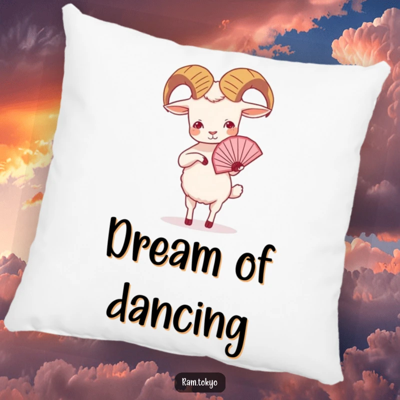 Funny Ram Fan Dance Pillow: Soft cushion featuring a small ram with tiny legs performing a serene and graceful fan dance.
