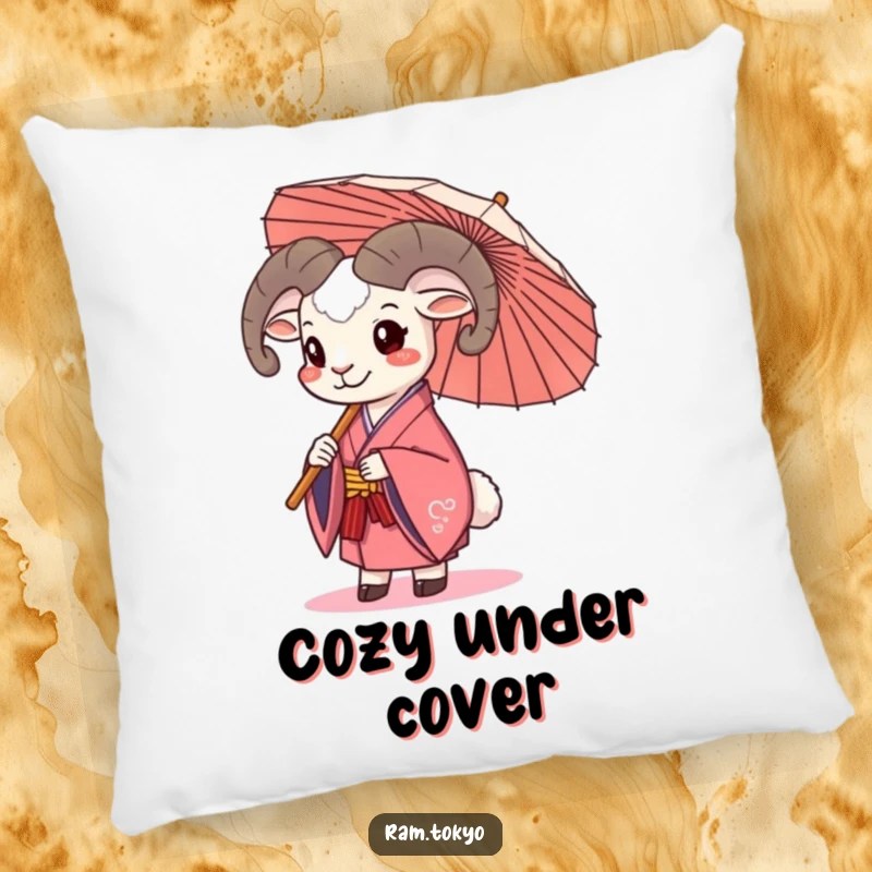 Funny Ram Umbrella Pillow showing a ram in a kimono happily holding a traditional umbrella, perfect for a cheerful and humorous touch.