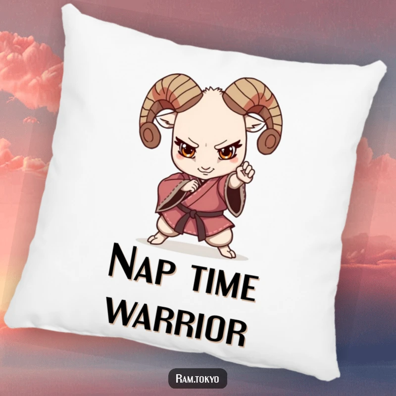 Funny Kimono Ram Pillow showing a ram in a martial arts stance, wearing a kimono, perfect for adding a humorous touch to any couch.
