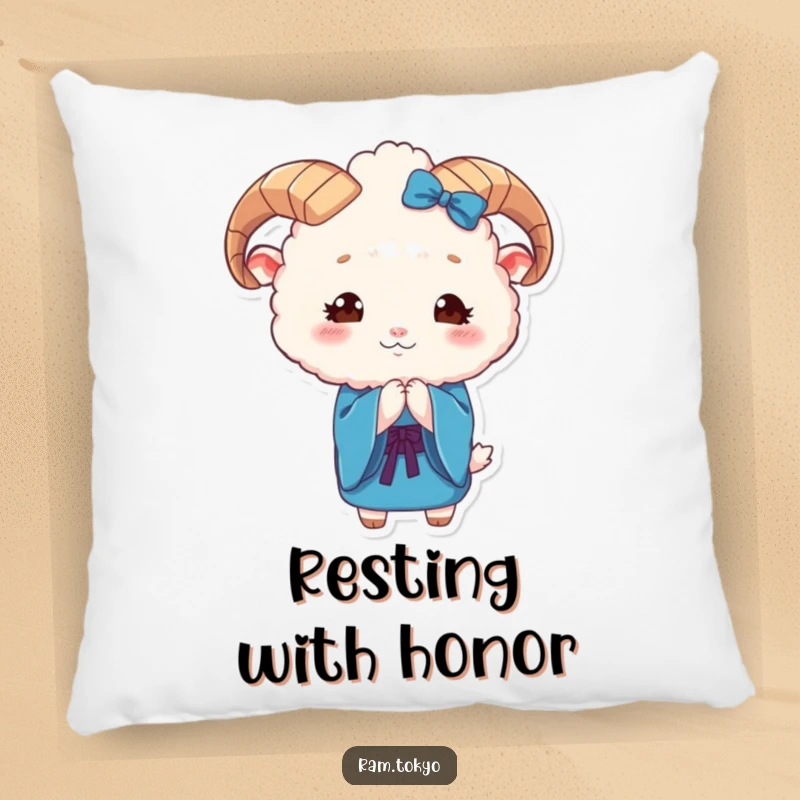 Funny Ram Kimono Pillow featuring a cute, fluffy ram in a blue kimono bowing gracefully, perfect for cozy charm.