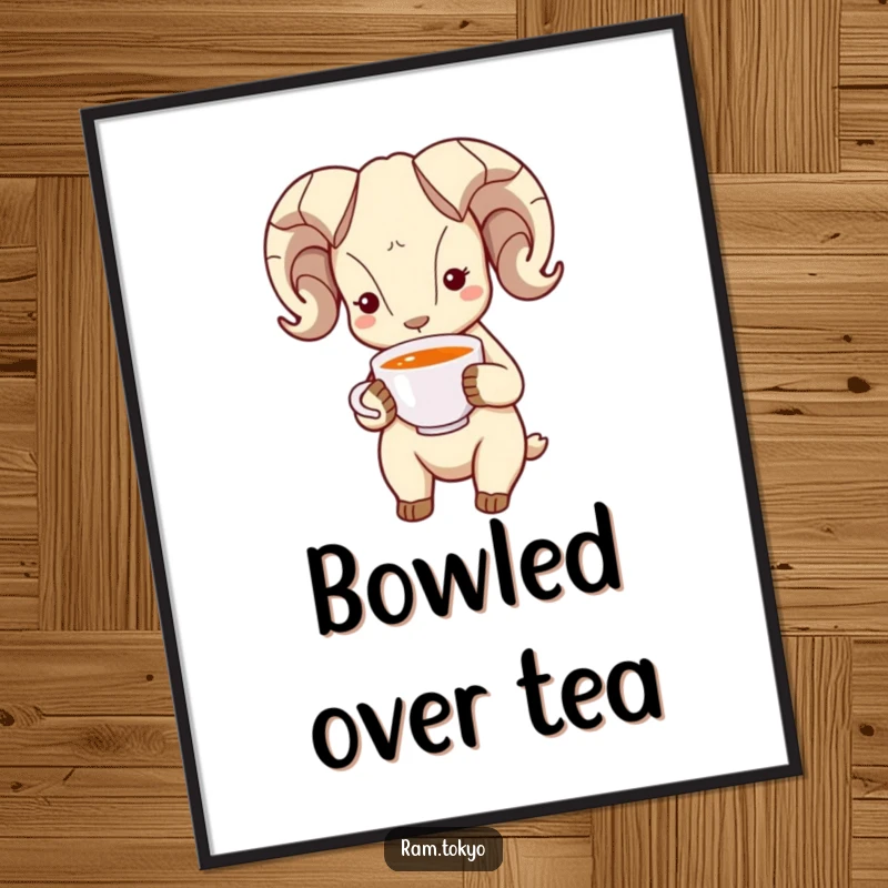 Funny Bowing Ram Digital Art Print: Ram with simple dot eyes bowing politely and holding a tea cup, evoking peace.