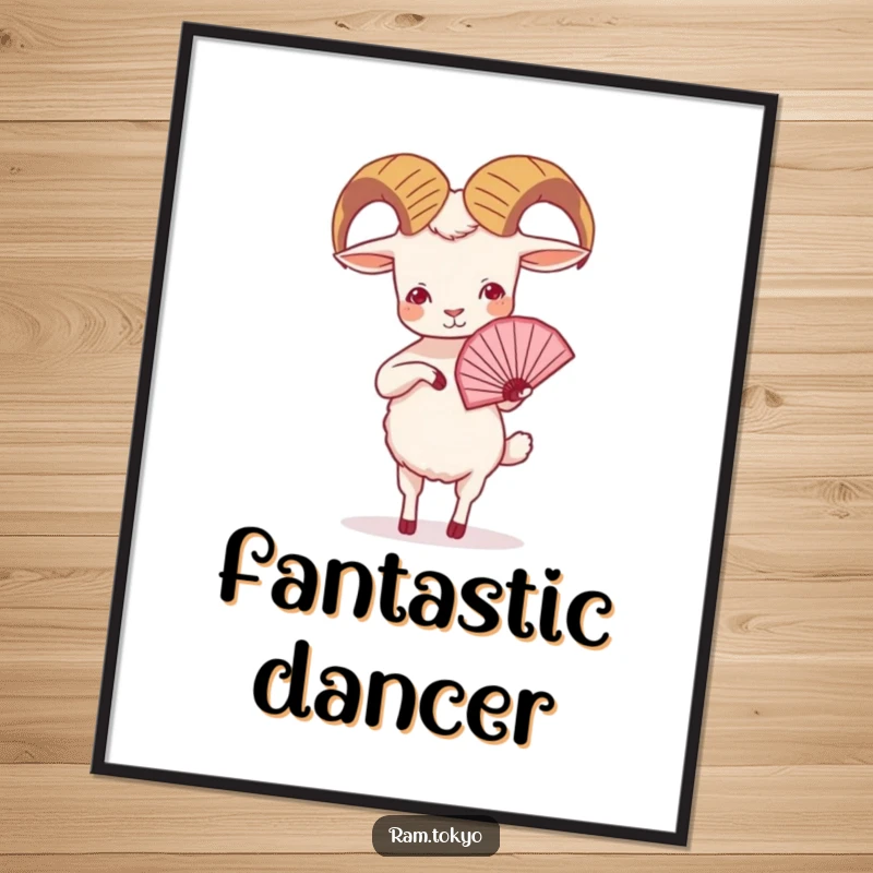 Funny Ram Fan Dance Digital Art Print: Small ram with tiny legs elegantly performing a traditional fan dance, perfect for wall art.