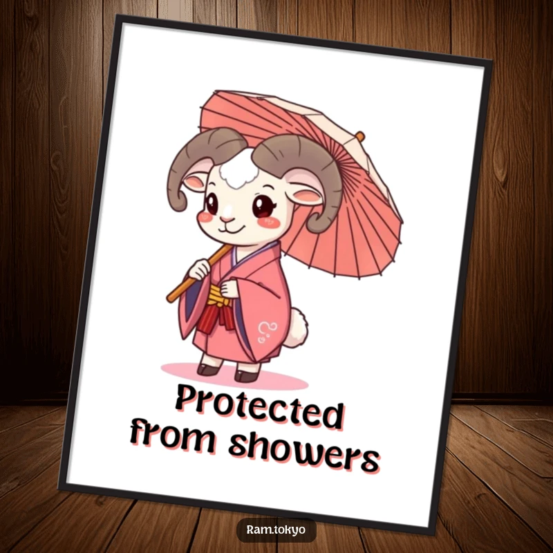 Funny Happy Ram Umbrella Digital Art Print showing a ram in a kimono happily holding a traditional umbrella, radiating joy and humor.