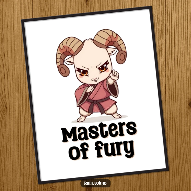 Funny Martial Arts Ram Kimono Digital Art Print featuring a ram in a determined fighting pose, wearing a kimono, ready to add humor.