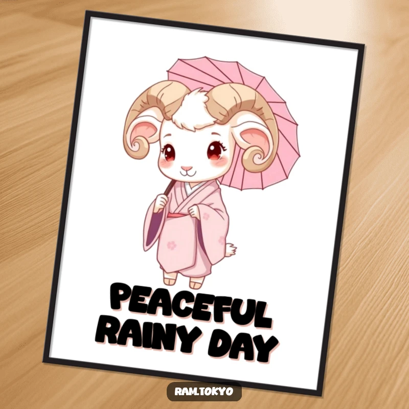 Funny digital art print of a serene ram in a silk kimono, holding a delicate umbrella, for instant elegant decor.