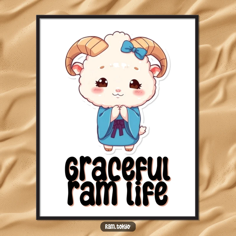 Funny Ram Kimono Digital Art Print of a cute, fluffy ram in a blue kimono bowing respectfully, perfect for decor.