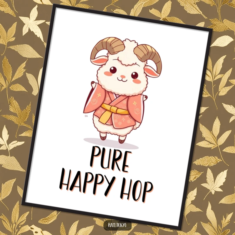 Funny digital art print of a fluffy ram in a festive kimono, joyfully hopping, for instant festive decor.
