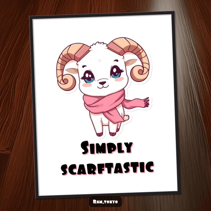 Funny Waving Scarf Ram Digital Art Print: Ram with playful eyes and a flowing silk scarf waving hello, adding charm.