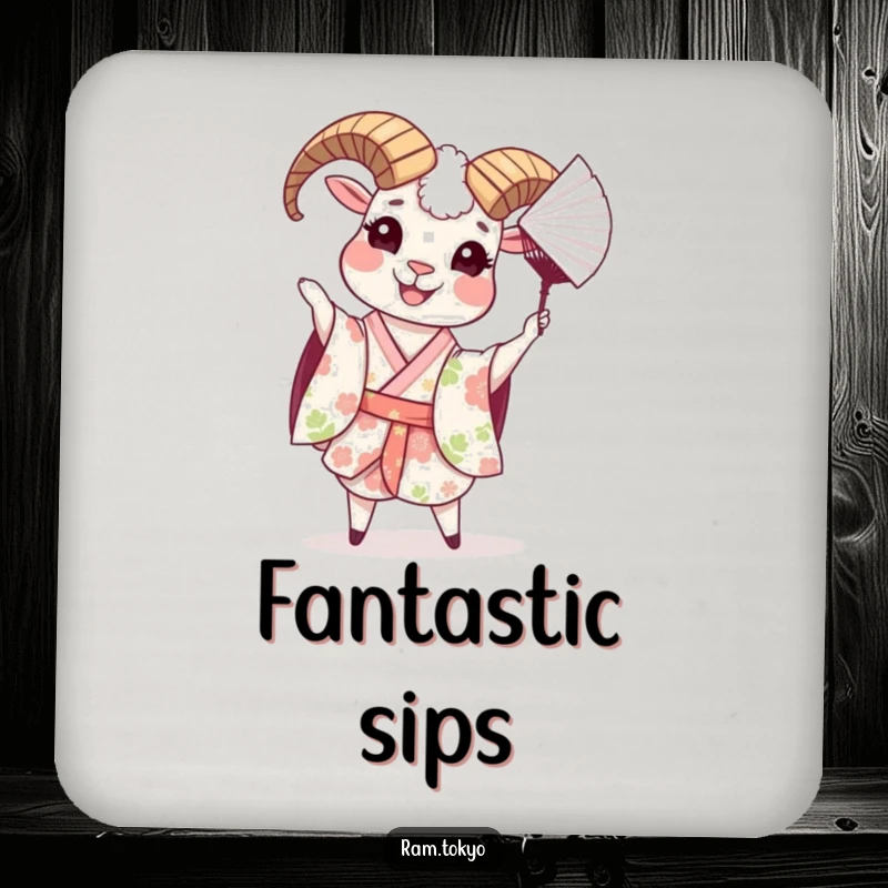 Funny drink coaster with a happy ram in a floral kimono, playfully tossing a paper fan, adding humor to your table.