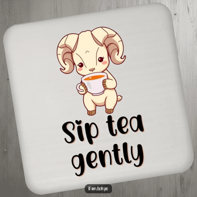 Funny Bowing Ram Coaster: Ram character with simple dot eyes bowing politely, holding a tea cup, protecting surfaces.
