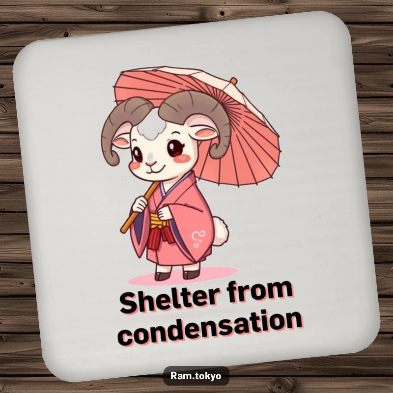 Funny Kimono Ram Umbrella Drink Coaster featuring a happy ram in a kimono holding a traditional umbrella, adding cheerful and humorous protection.