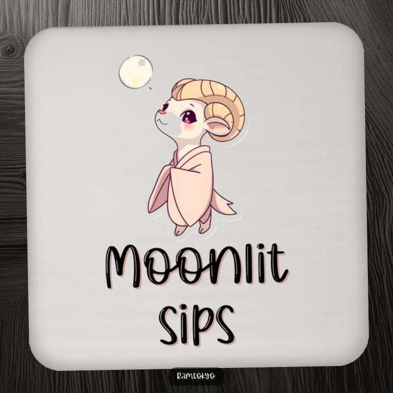 Funny Moon Gazing Ram Coaster: Ram character in a flowing kimono gazing at the moon, protecting surfaces with elegance.