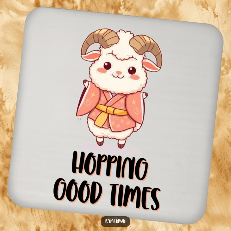 Funny drink coaster featuring a fluffy ram in a festive kimono, joyfully hopping, adding festive cheer to tables.