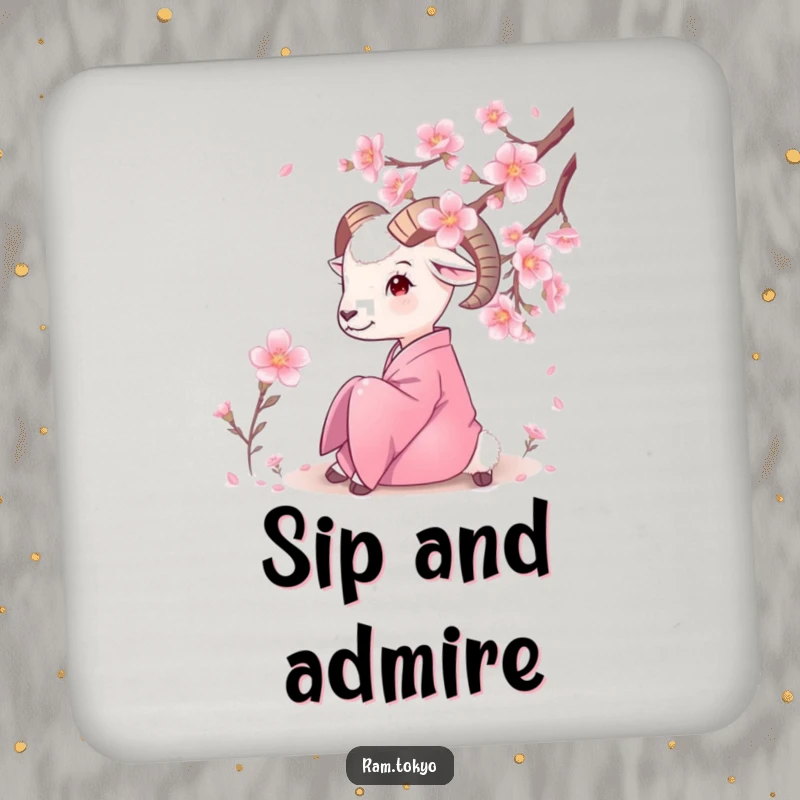 Funny Silk Kimono Ram Drink Coaster featuring a ram in a kimono admiring cherry blossoms, adding serene and humorous protection.