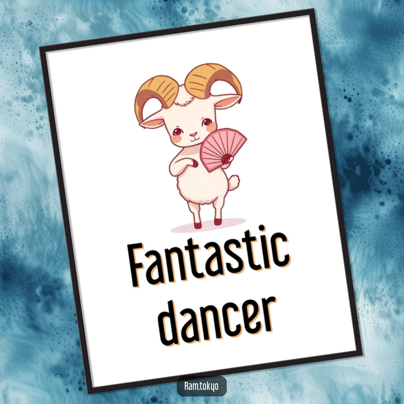 Funny Ram Fan Dance Poster: Exquisite artwork of a small ram with dainty legs gracefully executing a beautiful traditional fan dance.