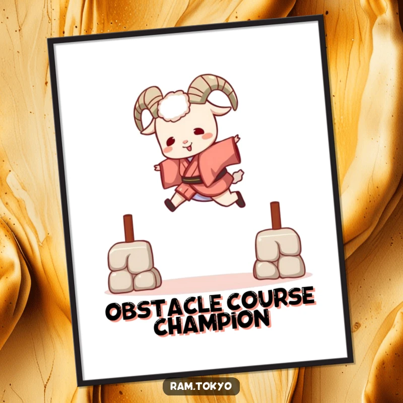 Funny Leaping Ram Kimono Poster depicting a ram in a short kimono joyfully jumping over a small obstacle, full of playful energy.