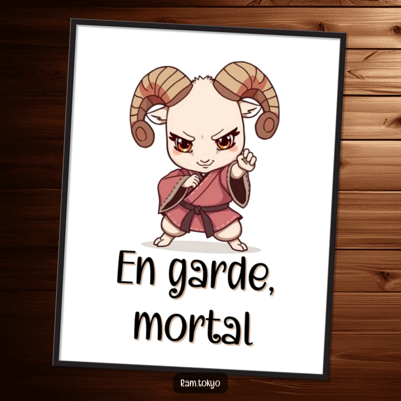 Funny Martial Arts Ram Kimono Poster depicting a ram in a dynamic fighting pose, wearing a traditional kimono, full of humorous energy.