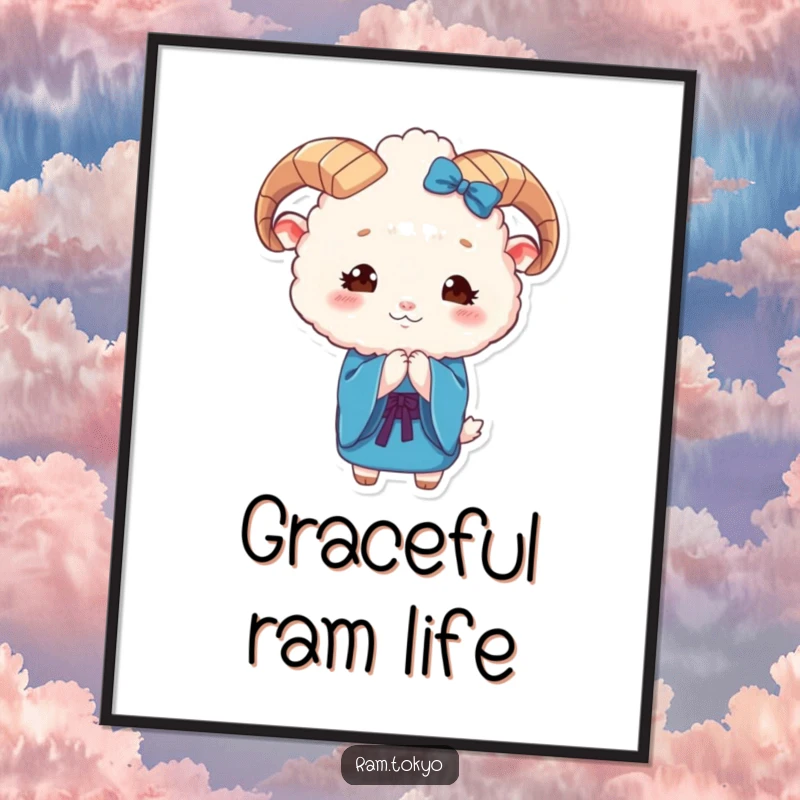 Funny Ram Kimono Poster showing a cute, fluffy ram in a blue kimono bowing respectfully with endearing eyes.