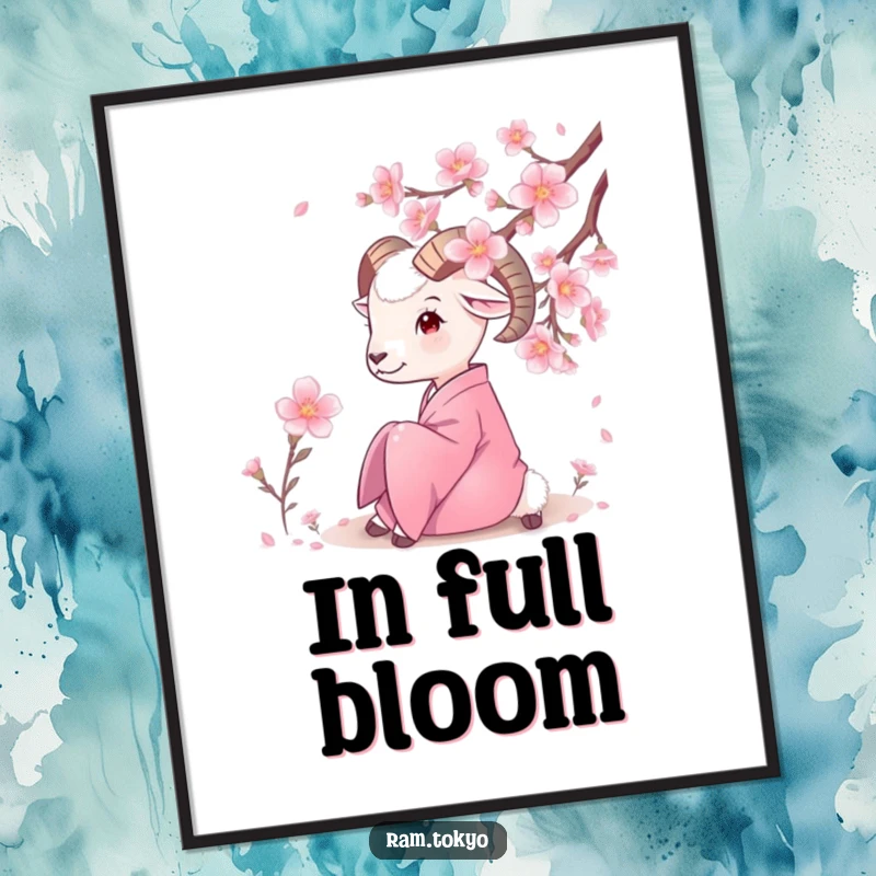 Funny Serene Ram Kimono Poster depicting a ram in a silk kimono admiring blooming cherry blossoms, conveying peaceful humor.