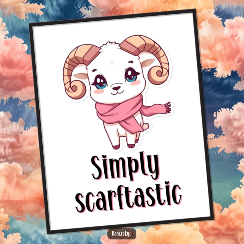 Funny Waving Scarf Ram Poster: Artistic depiction of a ram with playful, expressive eyes and a flowing silk scarf waving.