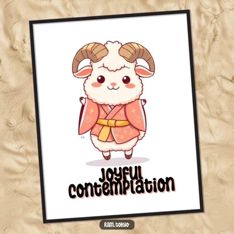 Funny poster art of a fluffy ram in a festive kimono, joyfully hopping with a celebratory expression.