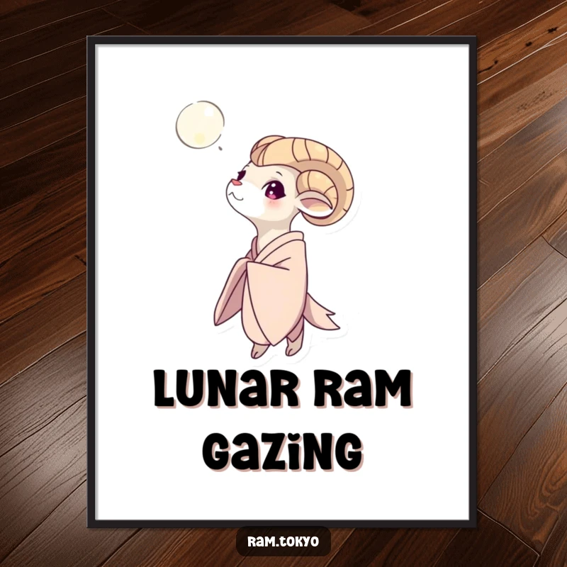 Funny Moon Gazing Ram Poster: Artistic depiction of a ram wearing a flowing kimono, looking up at a radiant full moon.