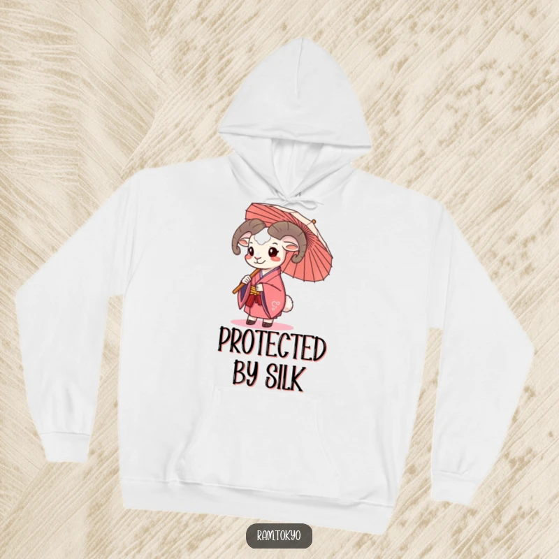 Funny Happy Ram Umbrella Hoodie showing a ram in a kimono cheerfully holding a traditional umbrella, designed for comfort and humor.