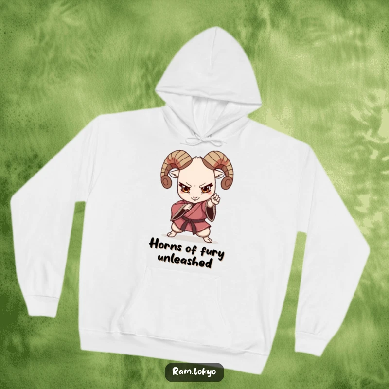 Funny Ram Kimono Hoodie displaying a ram in a serious martial arts pose, wearing a traditional kimono, radiating power and humor.