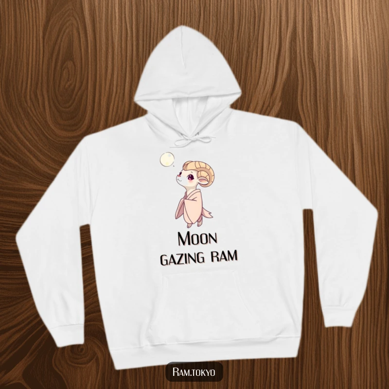 Funny Moon Gazing Ram Hoodie: Comfortable hooded sweatshirt depicting a ram in a flowing kimono contemplating the beautiful moonlit sky.