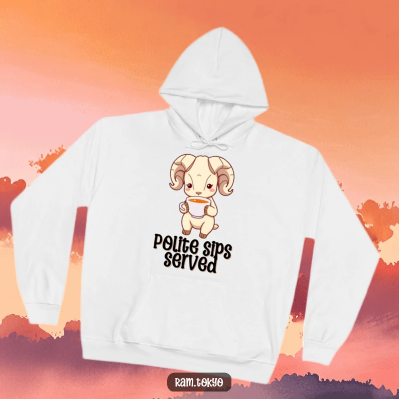 Funny Bowing Ram Hoodie: Comfortable hooded sweatshirt depicting a ram with simple dot eyes bowing politely, holding a tea cup.